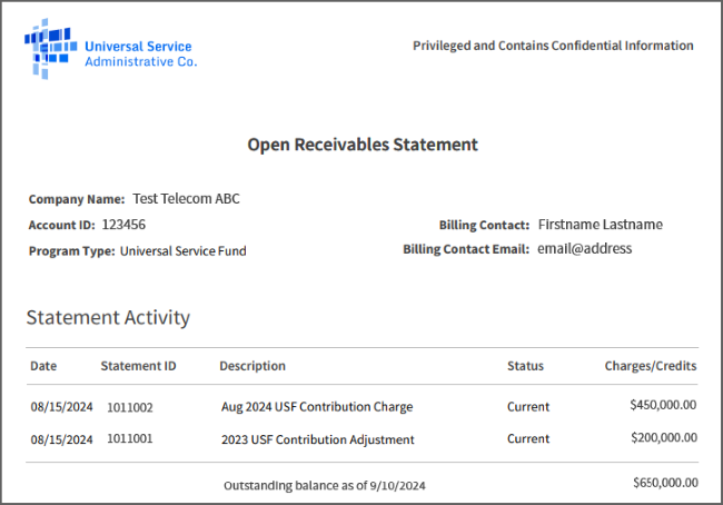 Example of an Open Receivables Statement