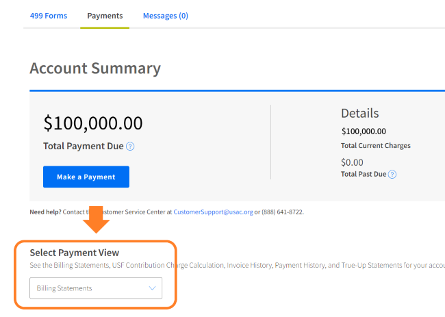 An example of the payments page in E-File, with the Select Payment View menu highlighted.